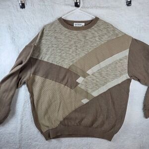 St Croix Shop Vintage Mens XL Geometric Patchwork‎ Knit Sweater Brown Crew Neck